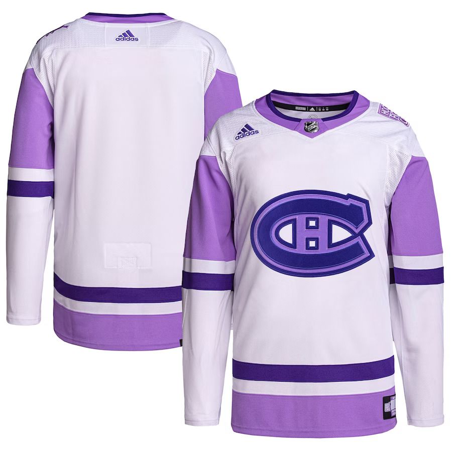 Men Montreal Canadiens adidas White Purple Hockey Fights Cancer Primegreen Authentic Blank Practice NHL Jersey